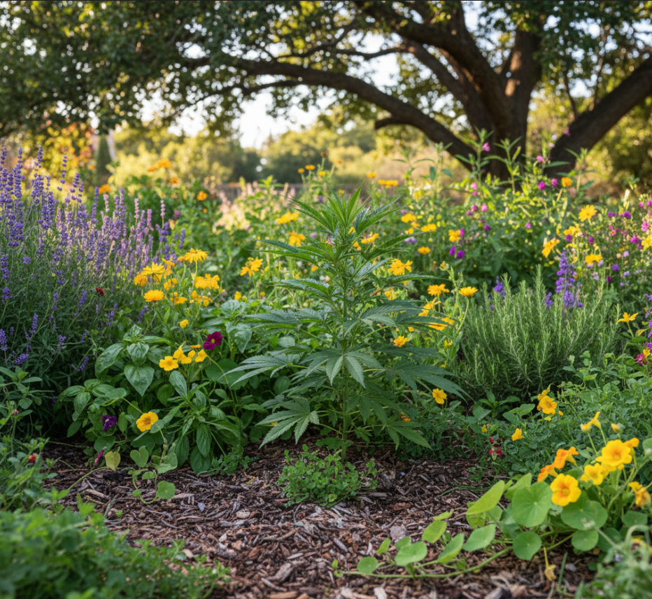Vintage botanical illustration of cannabis plant anatomy and structure